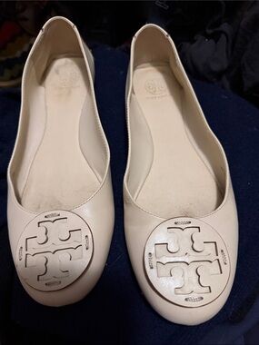 Tory Burch Cream Leather Logo Ballet Flats